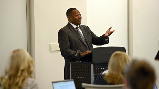 Dr. Eric Moore, deputy to the commanding general for U.S. Army Combat Capabilities Development Command, speaks about the Defense Civilian Training Corps internship program at a human resources forum held on Aberdeen Proving Ground, Maryland, Aug. 22. DCTC is a multidisciplinary Reserve Officers Training Corps type of scholarship program that allows organizations recruit top scholars from all acquisition disciplines and not just those in STEM fields. (Photo Credit: Chris Nwagbara, PEO IEW&S)