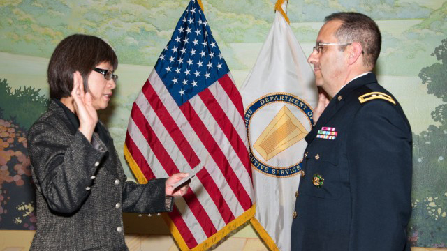 Brig. Gen. Harold Greene was promoted to the rank of major general August 30, 2012, by Heidi Shyu, then-U.S. Army Assistant Secretary of the Army for Acquisition, Logistics and Technology. (Photo Credit: Courtesy photo)