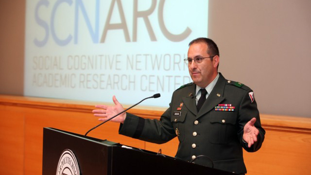 Research, Development and Engineering Command Deputy Commanding General Brig. Gen. Harold Greene, a Rensselaer alumnus, speaks at the opening of the Social Cognitive Networks Academic Research Center May 3, 2010, at Rensselaer Polytechnic Institute in Troy, New York. (Photo Credit: Courtesy photo)