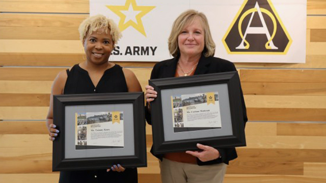 Tammy Knox, Army Acquisition Workforce Civilian HR Servicing Center Director, left, and Corinne Matteson, Army Acquisition Workforce Civilian HR Servicing Center division chief, pose with their Certificates of Recognition for their participation in a Human Resources Forum held on Aberdeen Proving Ground Aug. 22 and 23. (Photo Credit: Sierra Merrill, PEO IEW&S)