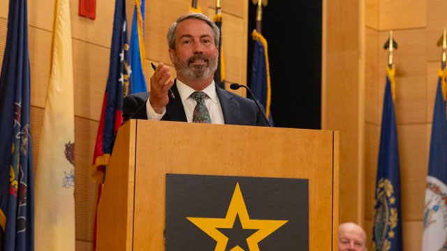Mike Trzeciak, outgoing PM PNT project manager, provides remarks during a change of charter ceremony on Aberdeen Proving Ground. (Photo Credit: PEO IEW&S