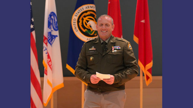 Brig. Gen. Ed Barker shares stories from throughout his career during his retirement ceremony. (Photo Credit: Shawn Nesaw, PEO IEW&S Public Affairs)