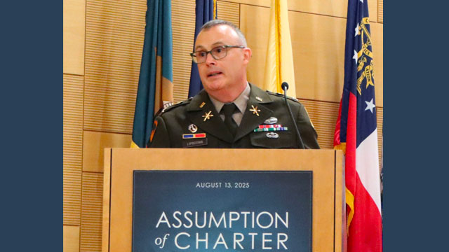 Col. Johnathan Lipscomb, Project Manager Intelligence Systems and Analytics, gives his first remarks as PM to his friends, family, and new workforce at his Assumption of Charter ceremony. (Photo Credit: Dean Hunter, PM IS&A)